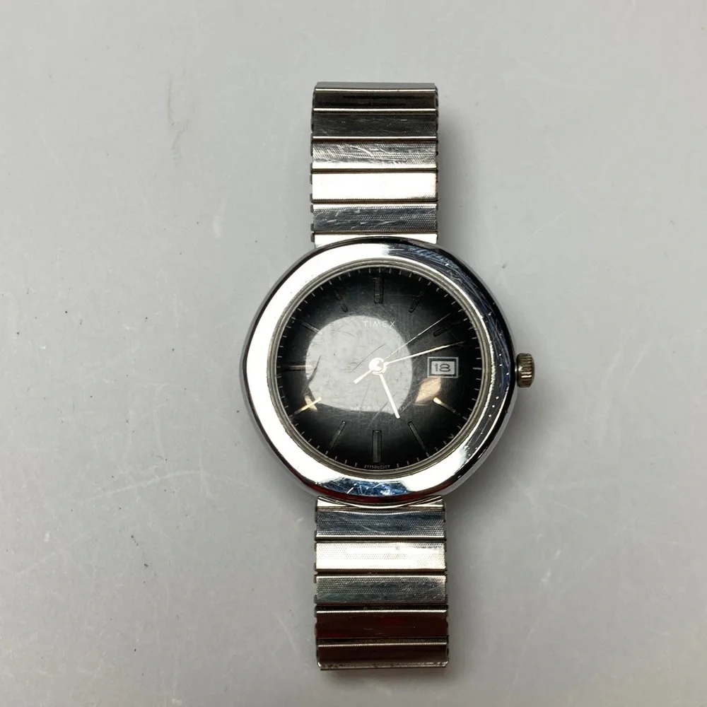 Vintage Timex black dial watch, works, stainless stretch bracelet
